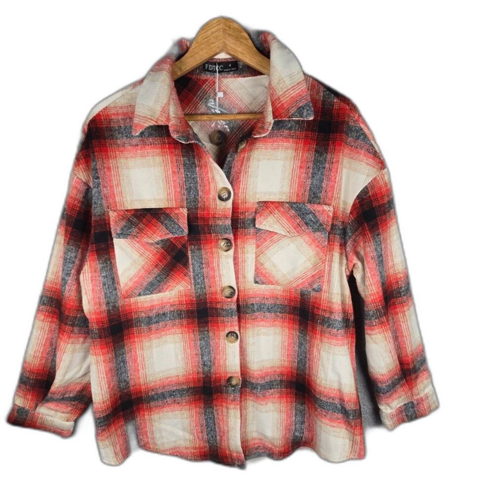 F DTCC Plaid Shacket Orange Brown Cream Medium Oversized Collared Shirt Jacket